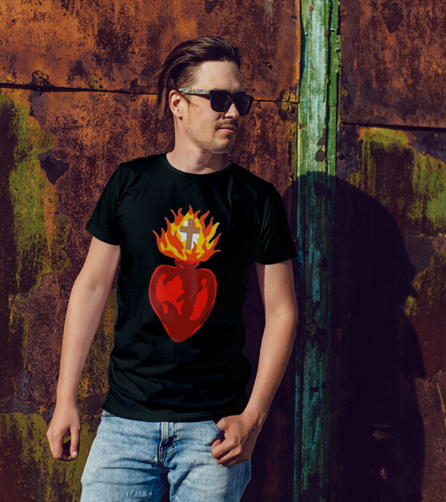 B Lake Sacred Heart Love Of God Cross Flame T-Shirt