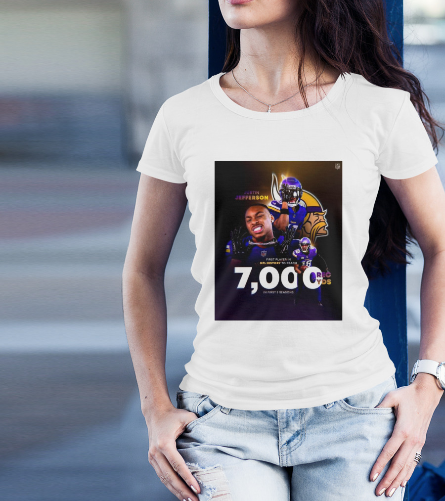 Justin Jefferson Minnesota Vikings NFL History 7000 Rec Yds First 5 Seasons T-Shirt
