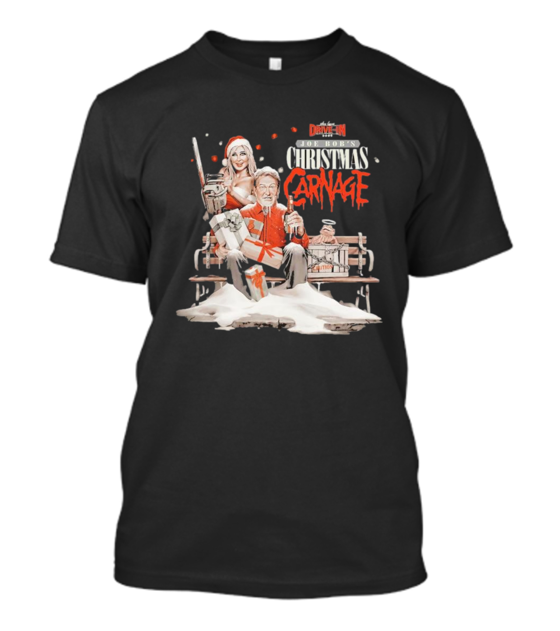 Joe Bob Briggs Drive-In Christmas Carnage Santa Chainsaw T-Shirt