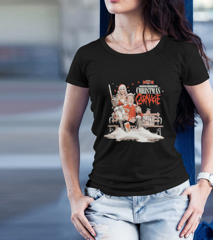Joe Bob Briggs Drive-In Christmas Carnage Santa Chainsaw T-Shirt
