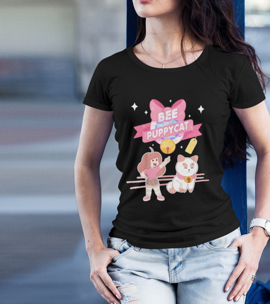 Bee And PuppyCat Cute Cartoon Characters With Pink Bow And Stars T-Shirt