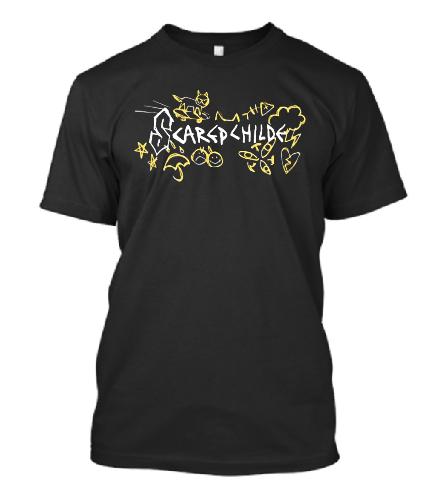 Scared Child Doodles Cat Lightning Stars Clouds Arrows T-Shirt