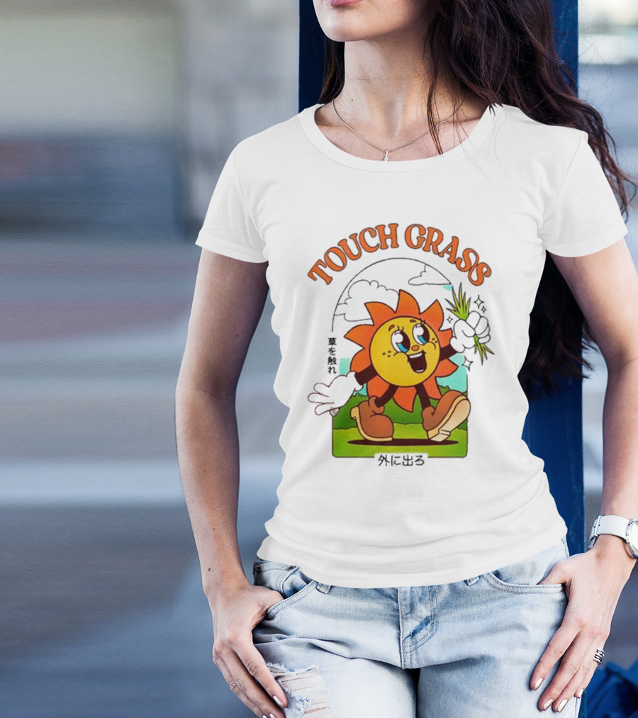 Touch Grass Retro Sun Character Outdoors Japanese Text T-Shirt