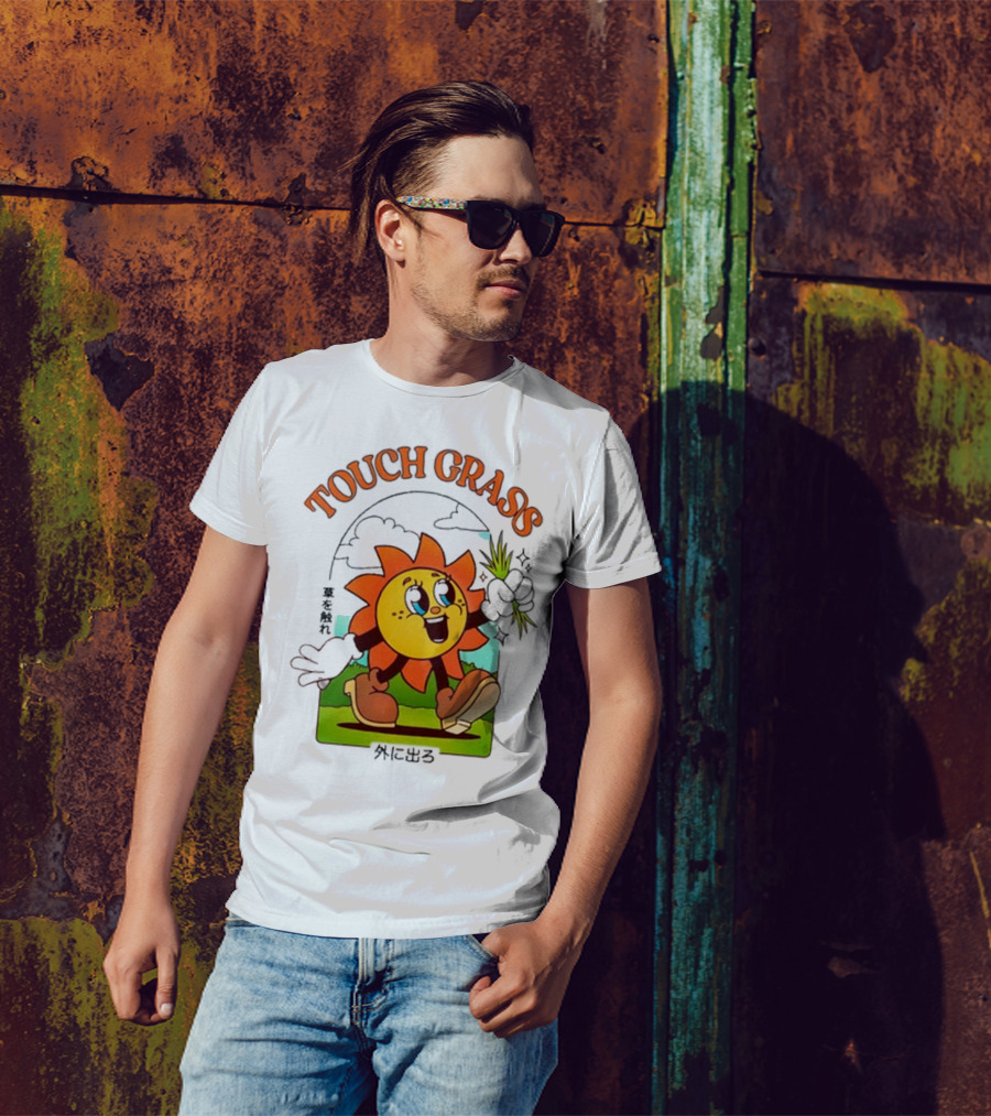 Touch Grass Retro Sun Character Outdoors Japanese Text T-Shirt