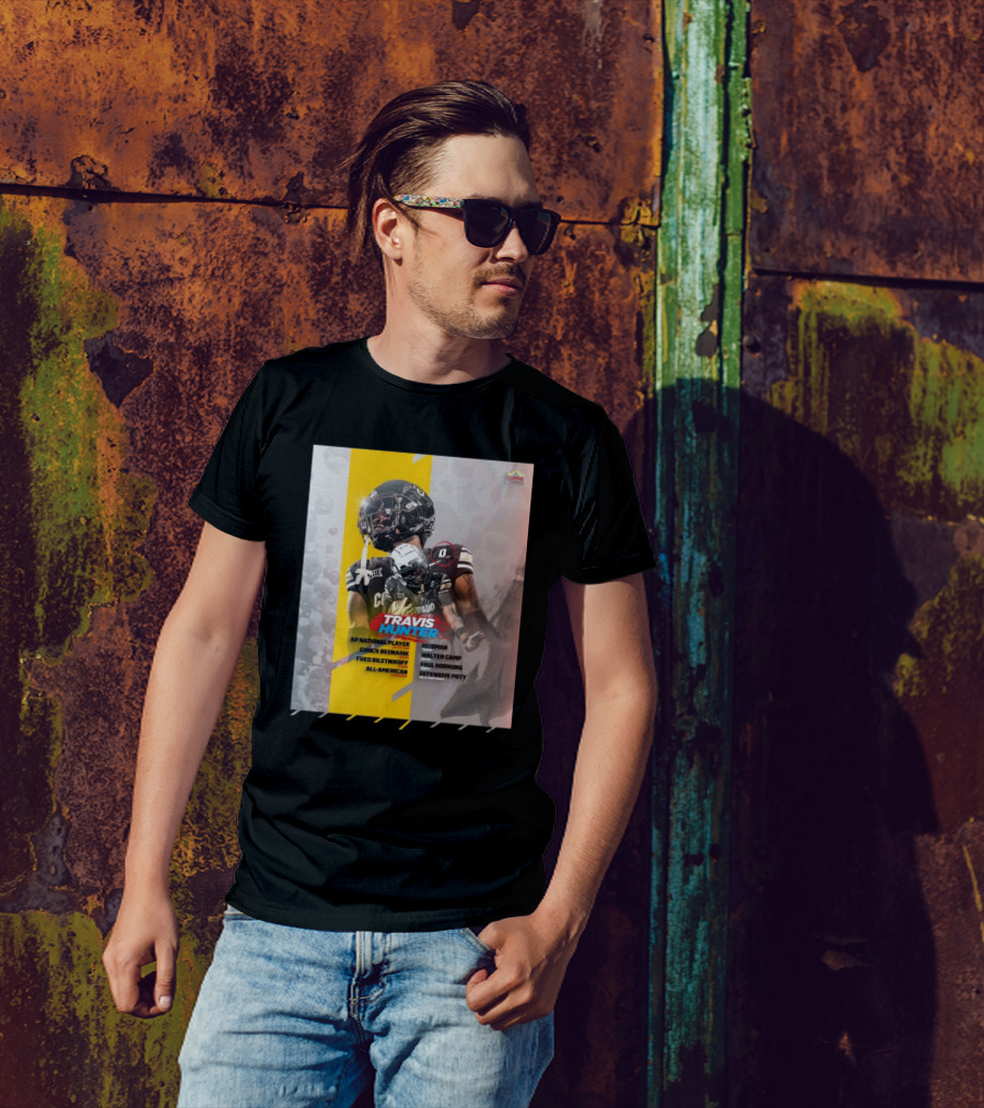 Colorado Buffaloes Travis Hunter 2024 Heisman Trophy Walter Camp Award Paul Hornung Trophy AP National Player Chuck Bednarik Fred Biletnikoff All-American Defensive POTY T-Shirt