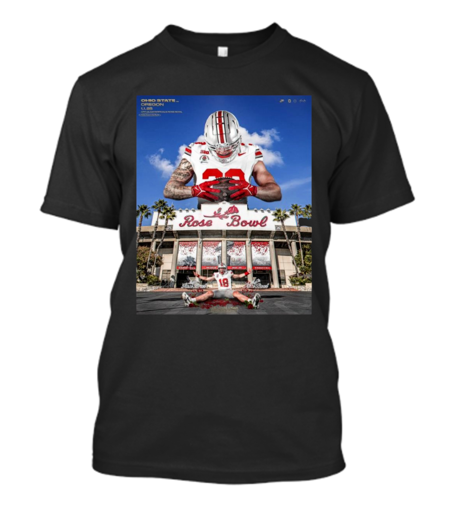 Ohio State Buckeyes Vs Oregon Ducks Rose Bowl CFP Quarterfinals January 1, 2025 Jack Sawyer Will Howard Rose Bowl Stadium T-Shirt
