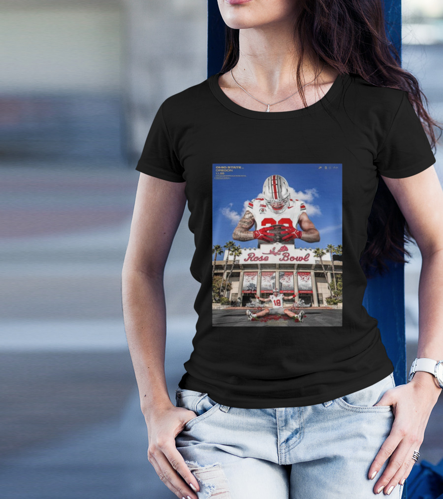 Ohio State Buckeyes Vs Oregon Ducks Rose Bowl CFP Quarterfinals January 1, 2025 Jack Sawyer Will Howard Rose Bowl Stadium T-Shirt