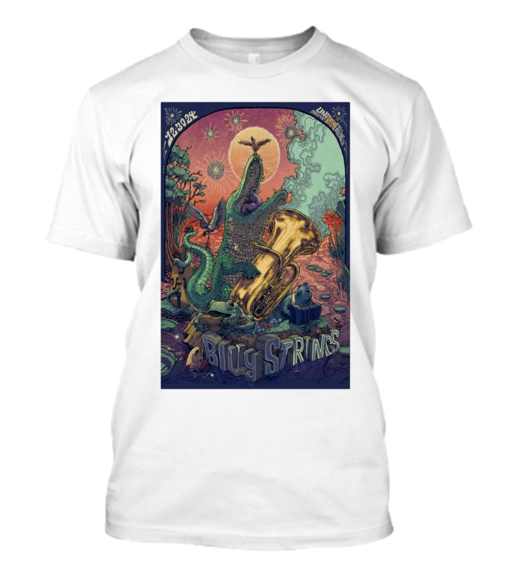 Billy Strings Dec 30 2024 Lakefront Arena New Orleans LA Alligator Playing Tuba Psychedelic T-Shirt