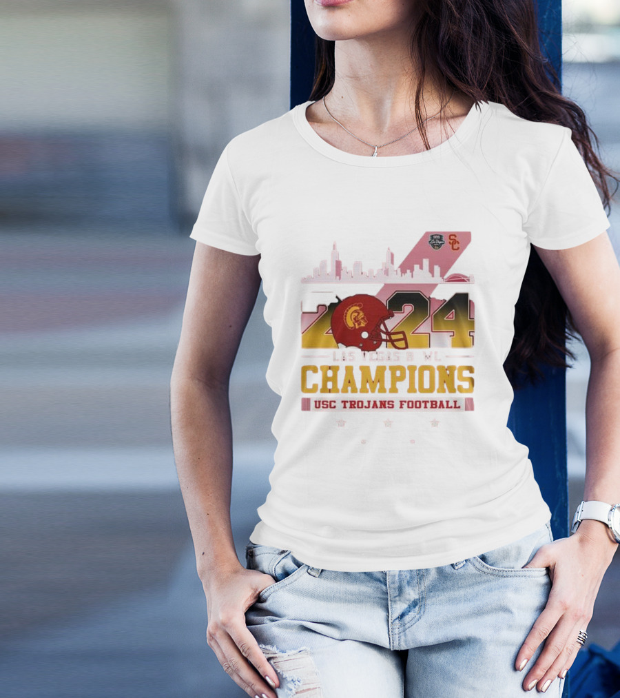 USC Trojans Football 2024 Las Vegas Bowl Champions Skyline Helmet T-Shirt