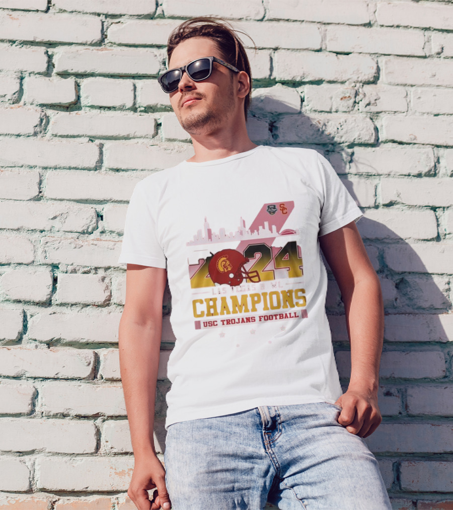 USC Trojans Football 2024 Las Vegas Bowl Champions Skyline Helmet T-Shirt