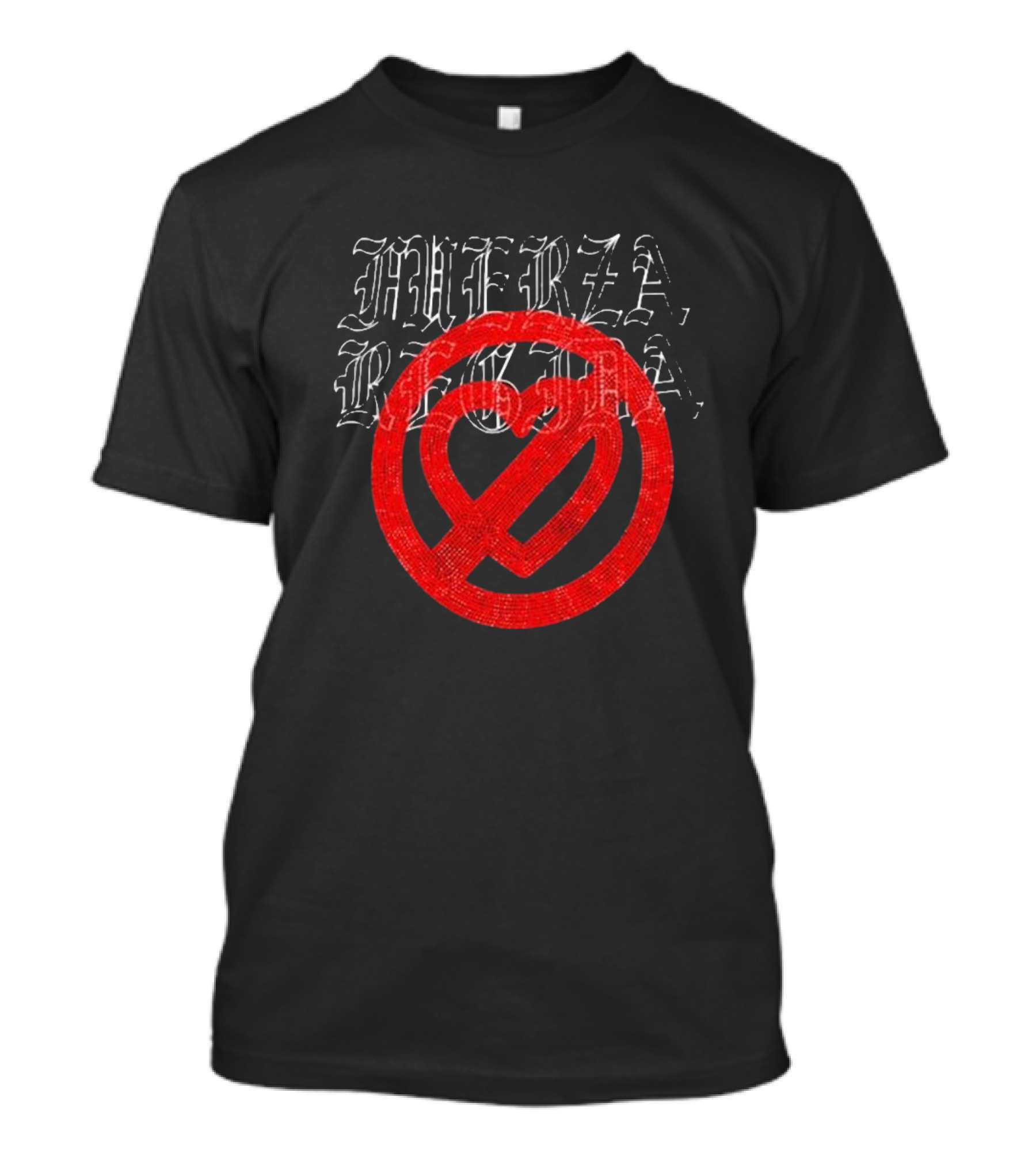 Fuerza Regida Rhinestone Heart Symbol Old English Style T-Shirt