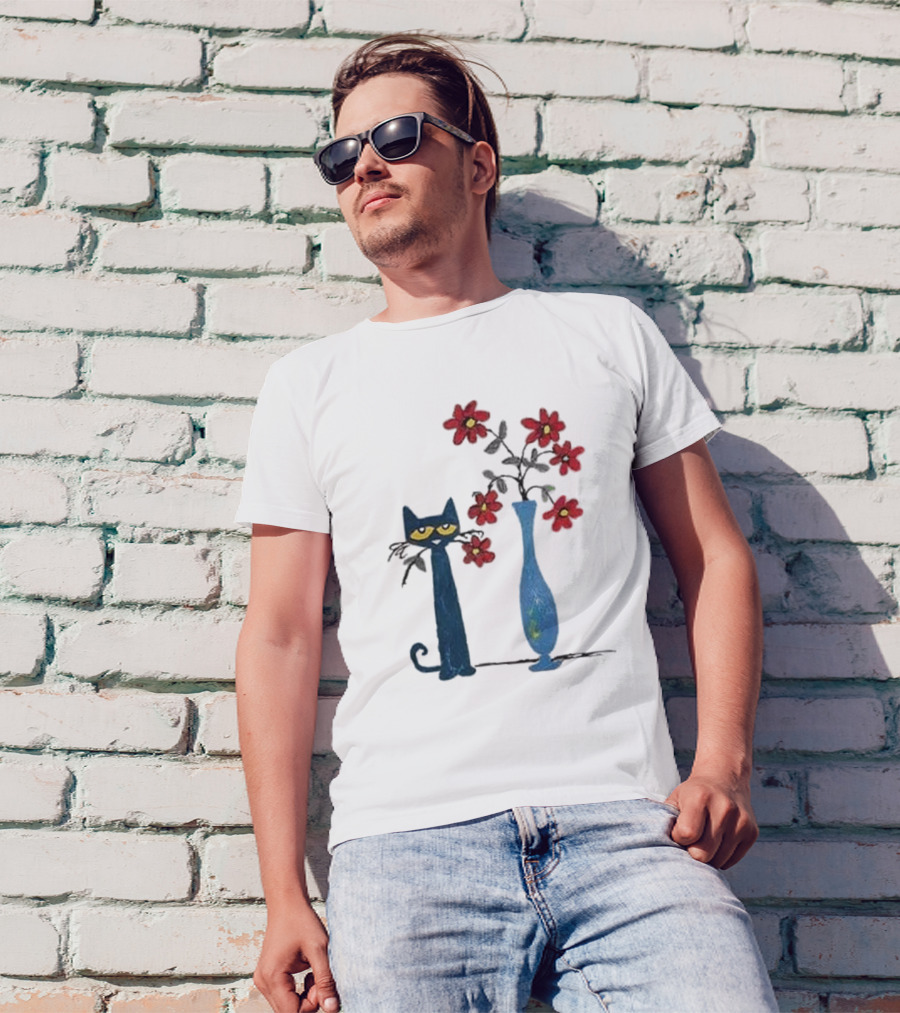 Pete The Cat And Red Flowers In Blue Vase T-Shirt