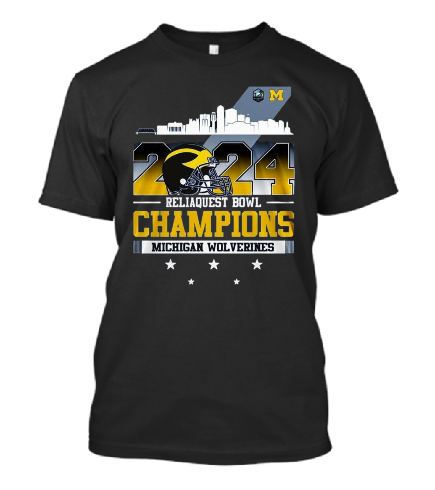 Michigan Wolverines 2024 Reliaquest Bowl Champions Skyline Helmet T-Shirt