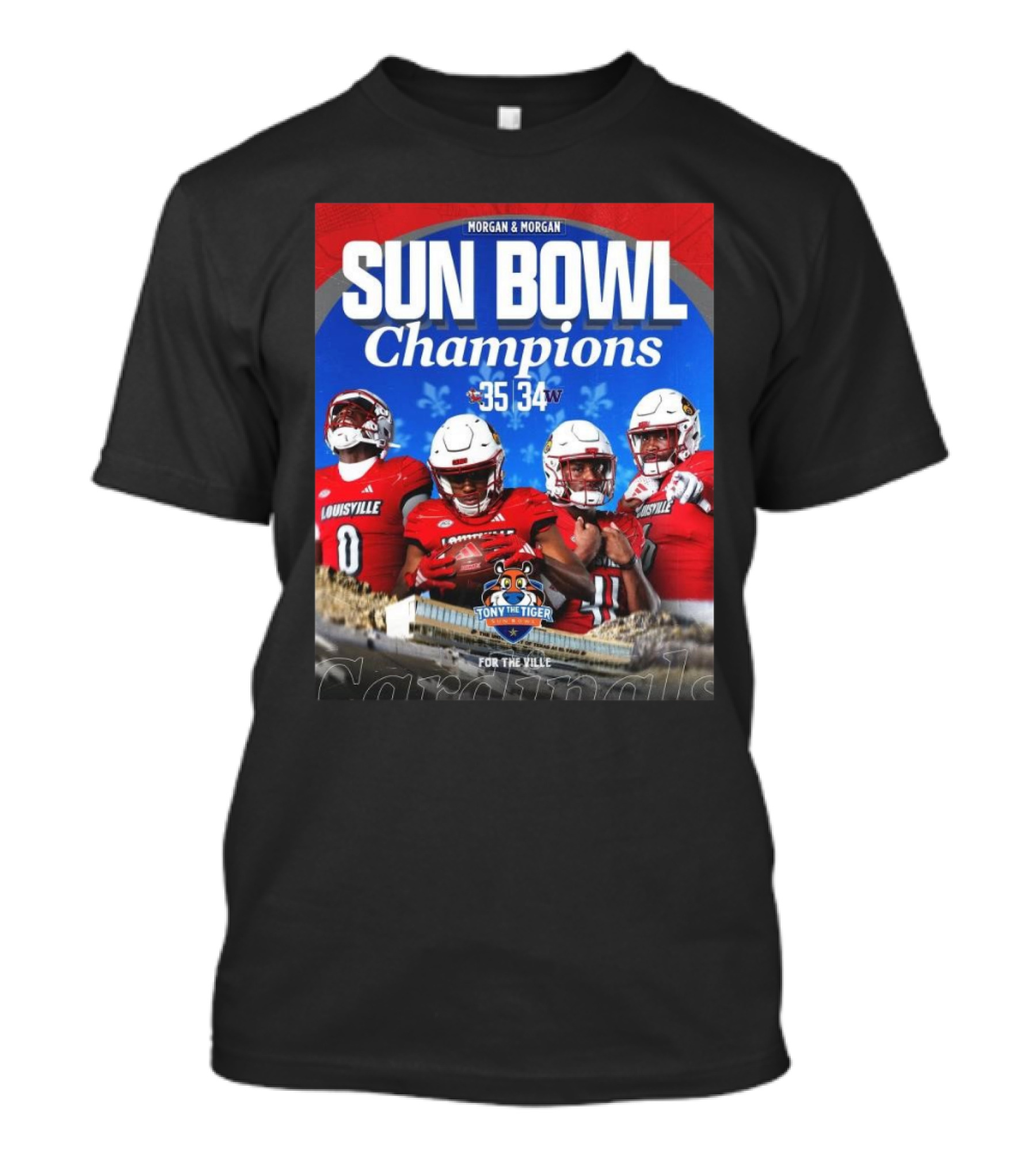 Sun Bowl Champions 35-34 Louisville Cardinals Victory Over Washington Huskies Morgan And Morgan Tony The Tiger T-Shirt
