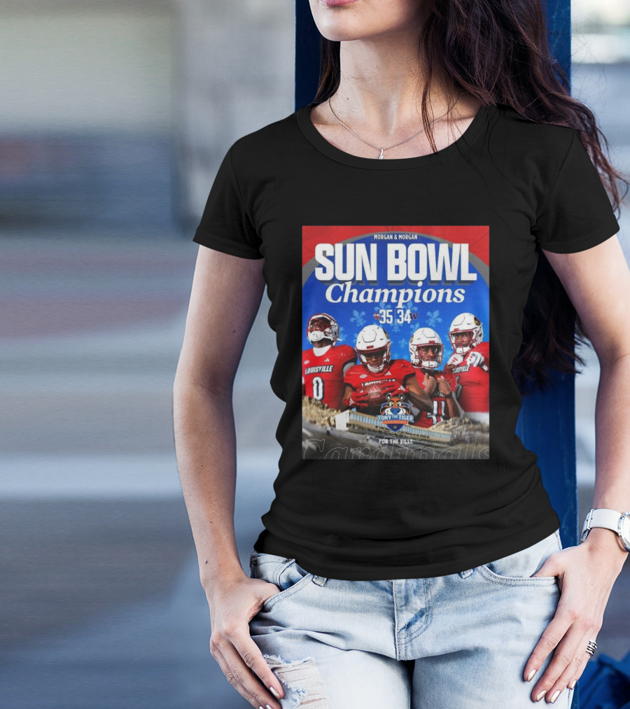 Sun Bowl Champions 35-34 Louisville Cardinals Victory Over Washington Huskies Morgan And Morgan Tony The Tiger T-Shirt
