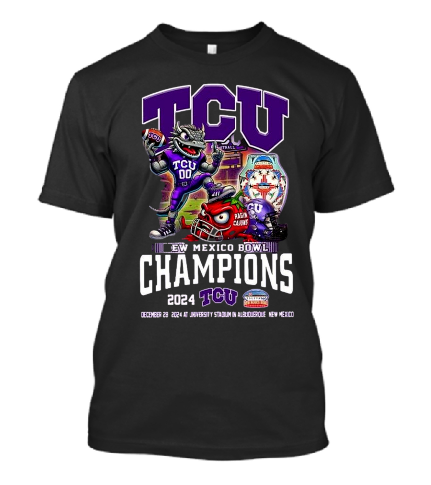 TCU Horned Frogs 2024 New Mexico Bowl Champions December 28 Mascot Showdown With Ragin Cajuns T-Shirt