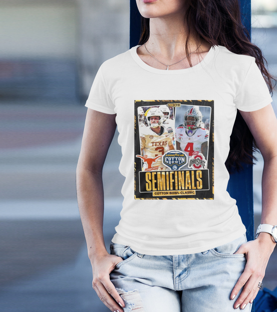 Texas Longhorns Vs Ohio State Buckeyes Goodyear Cotton Bowl Classic Semifinals 2025 FOX CFB T-Shirt