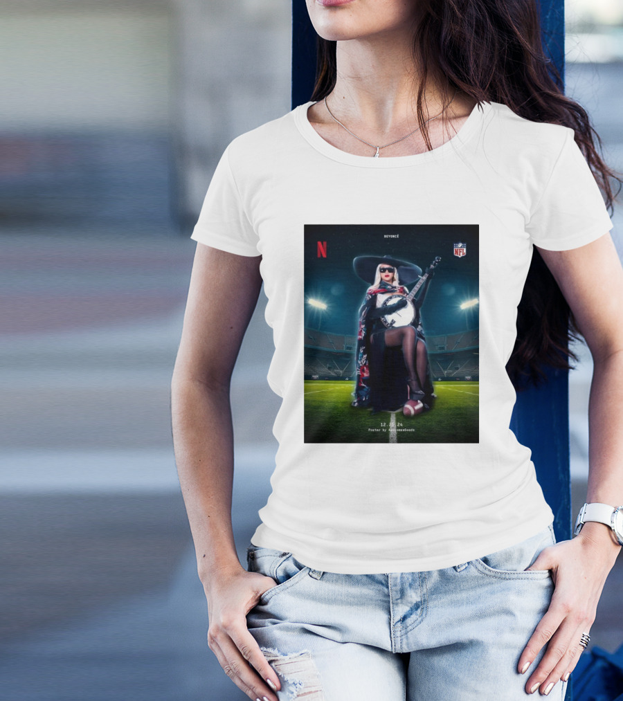 Beyoncé Halftime Show NFL 12.25.2024 Poster By AwesomeeGoods Netflix Banjo Stadium Image T-Shirt