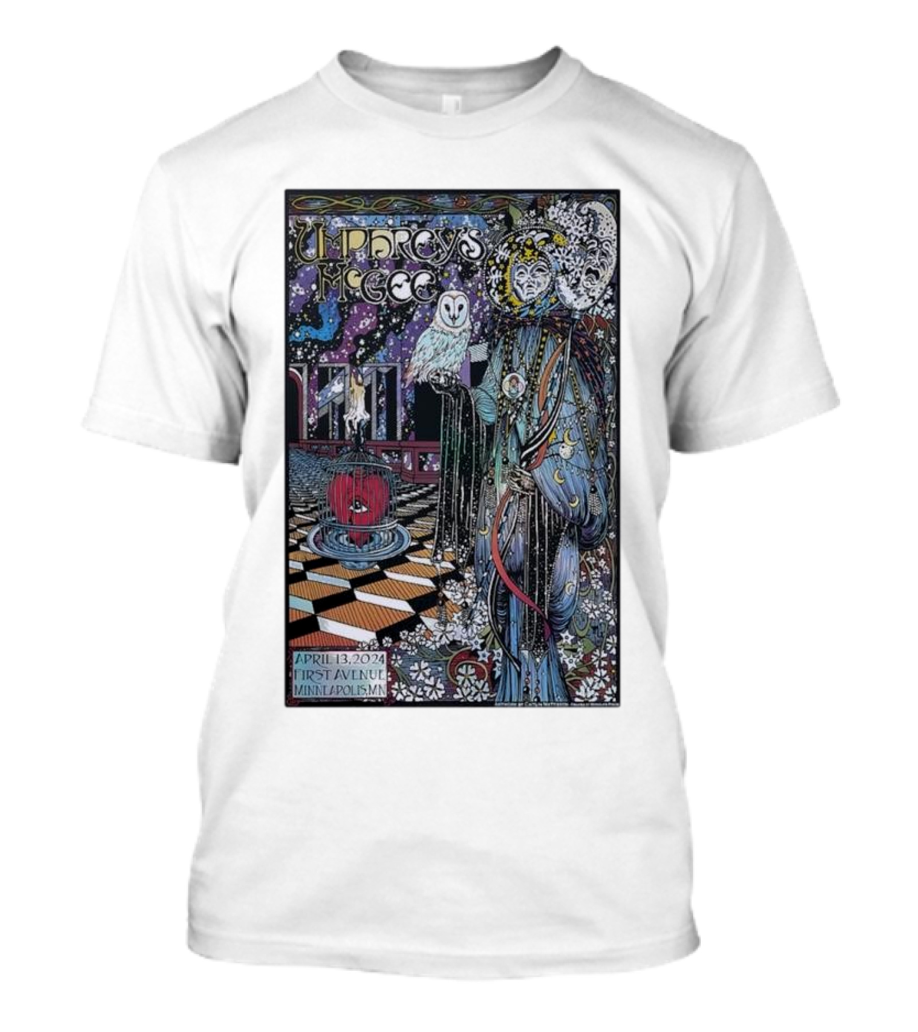 Umphrey’s McGee First Avenue Minneapolis April 13 2024 Psychedelic Concert Art With Owl And Mystical T-Shirt