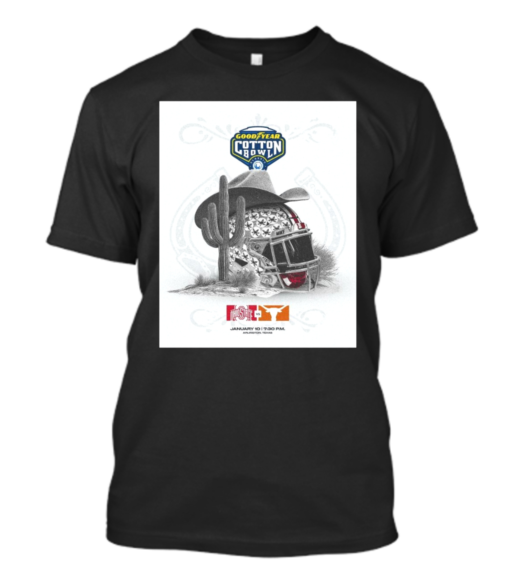 Ohio State Buckeyes Vs Texas Longhorns Goodyear Cotton Bowl Classic January 10 2025 Arlington Texas Football Helmet And Cowboy Hat With Cactus T-Shirt