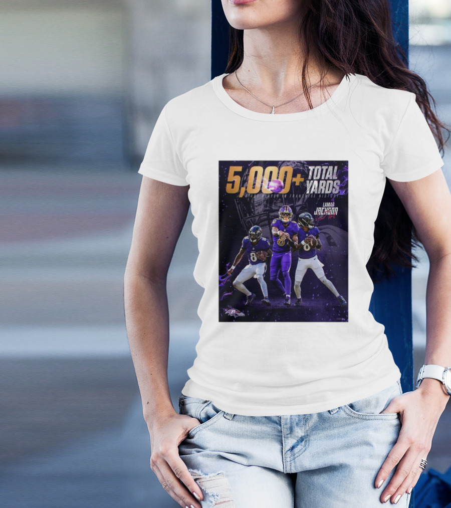 Baltimore Ravens Lamar Jackson 5000+ Total Yards First Player In Franchise History Signature NFL T-Shirt