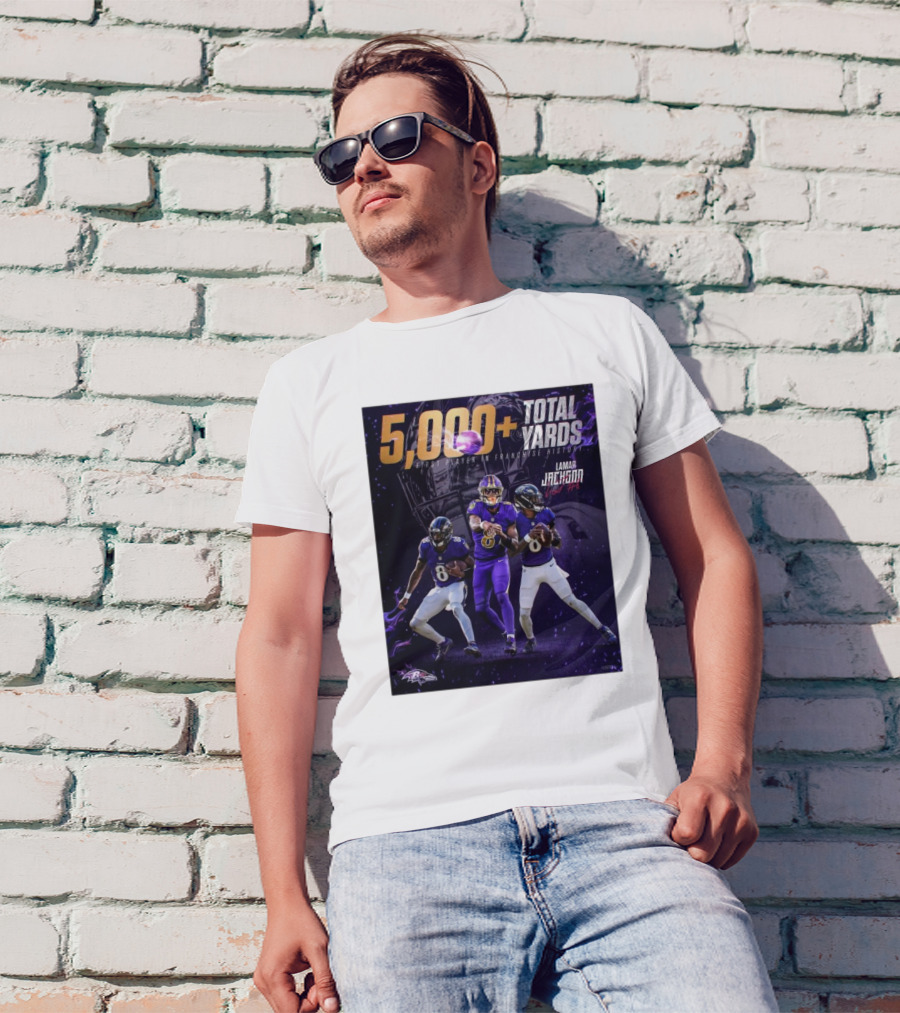 Baltimore Ravens Lamar Jackson 5000+ Total Yards First Player In Franchise History Signature NFL T-Shirt