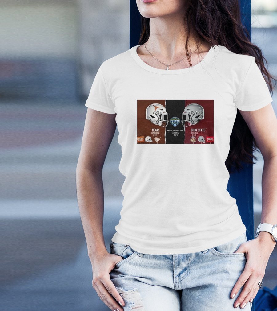 Texas Longhorns Vs Ohio State Buckeyes Goodyear Cotton Bowl Friday January 10th 2025 ESPN Helmets Showdown T-Shirt