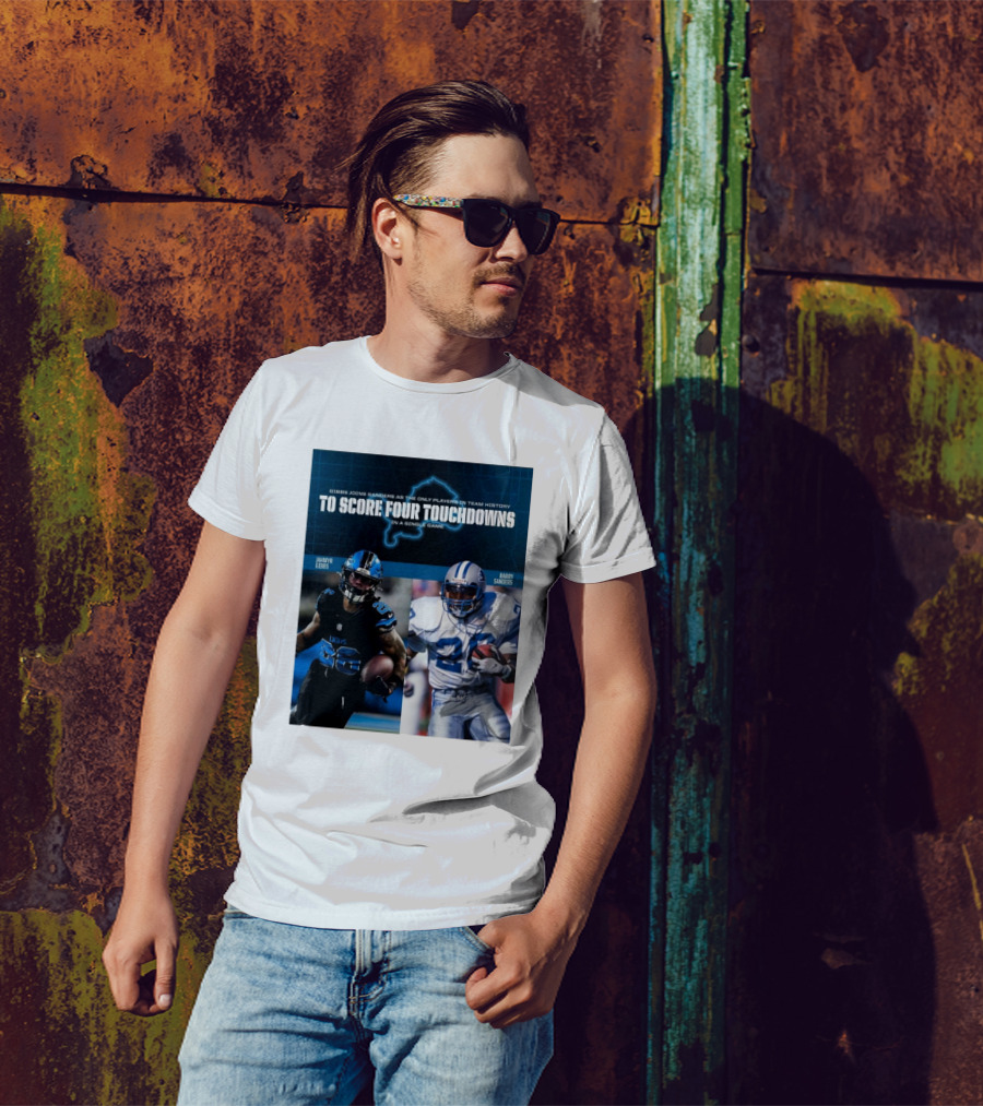 Detroit Lions Jahmyr Gibbs Joins Barry Sanders To Score Four Touchdowns In A Single Game T-Shirt
