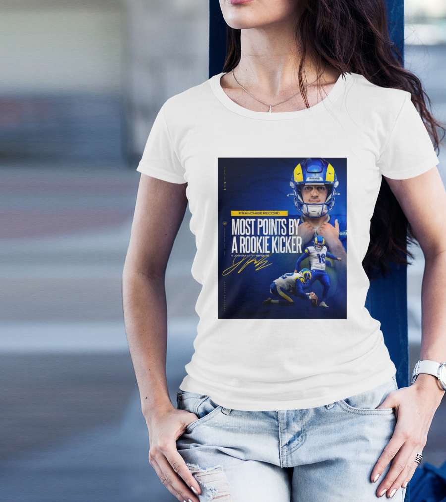 Franchise Record Most Points By A Rookie Kicker K Joshua Karty 119 Points Los Angeles Rams Signature T-Shirt