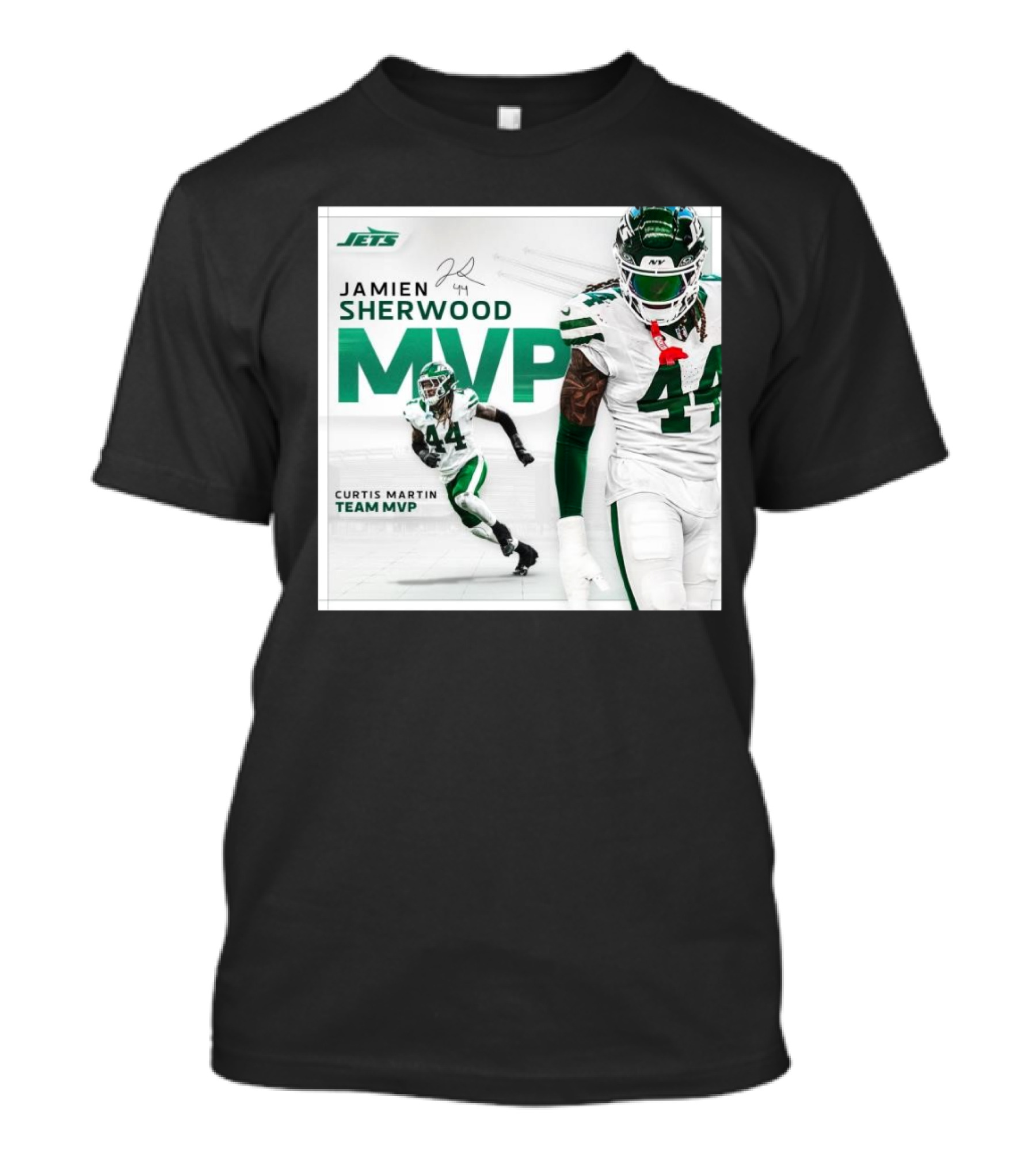 Jamien Sherwood New York Jets 2024 Curtis Martin Team MVP Signature 44 T-Shirt