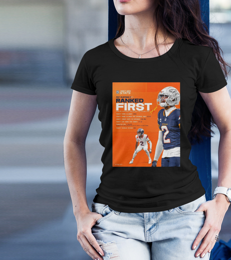 Denver Broncos Pat Surtain II Ranked First NFL Next Gen Stats Fewest Yards Allowed 306 Coverage Snap 0.6 T-Shirt