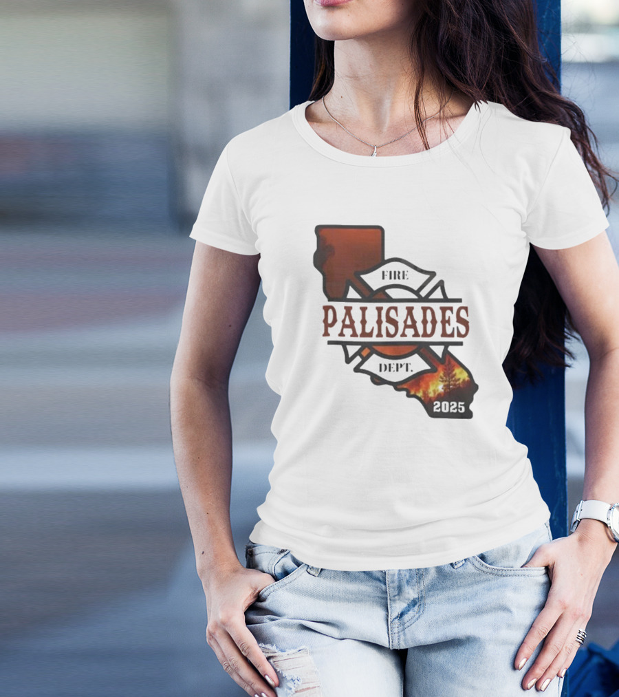 California Republic Fire Palisades Dept 2025 Map Silhouette With Flames T-Shirt