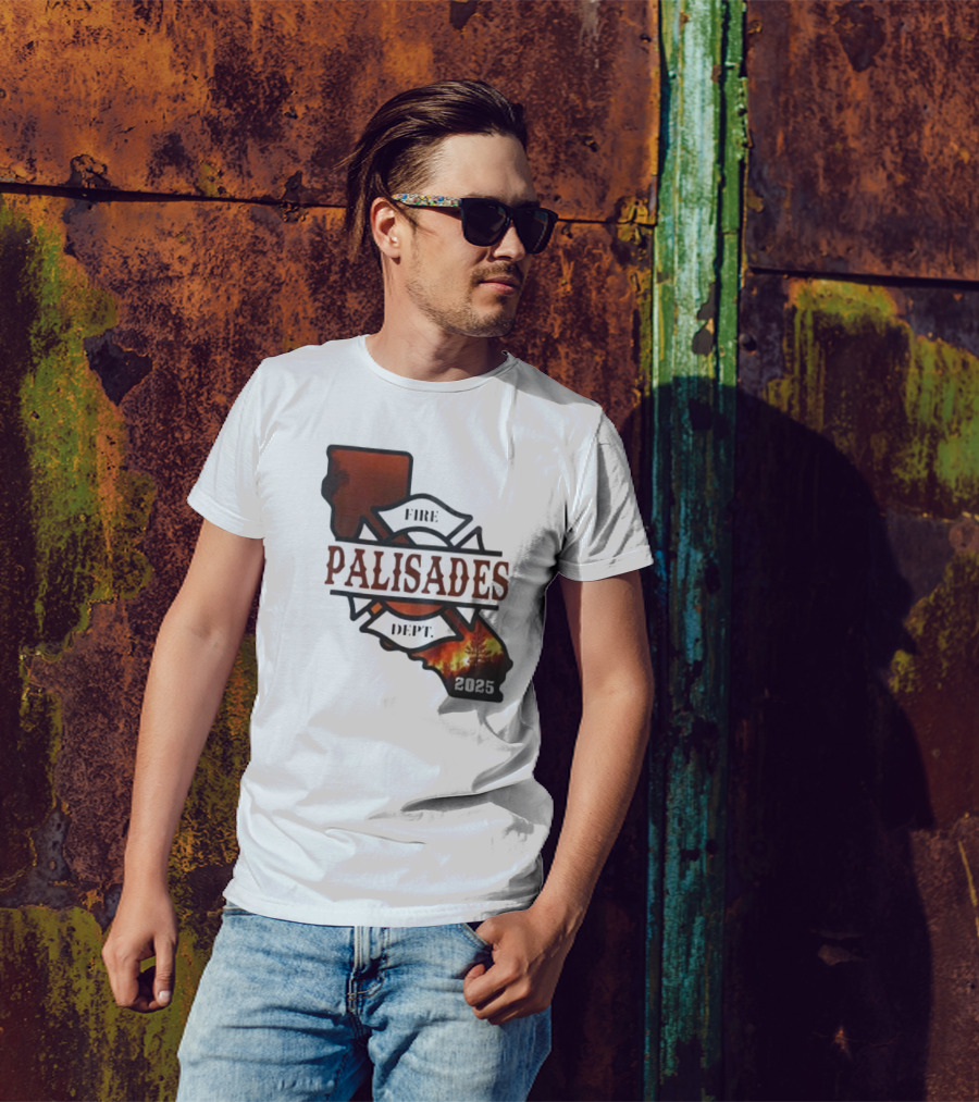 California Republic Fire Palisades Dept 2025 Map Silhouette With Flames T-Shirt