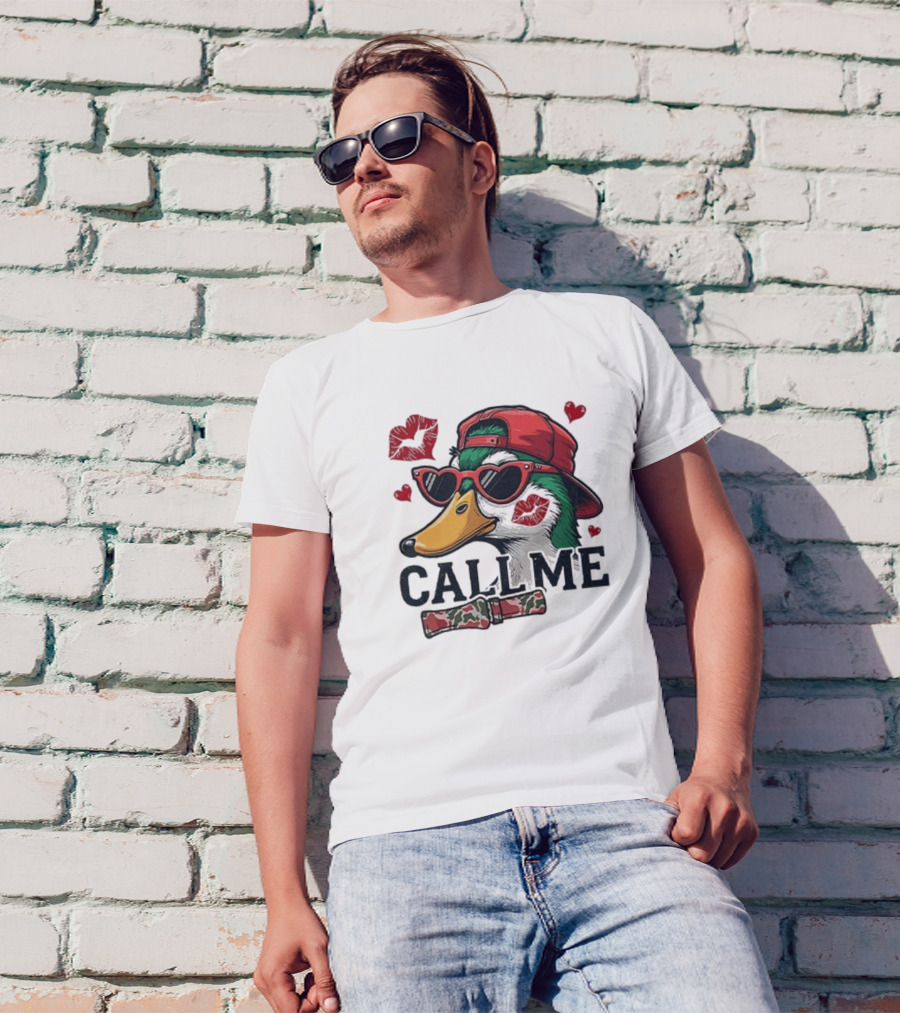 Call Me Valentine Mallard Duck In Sunglasses And Red Cap Surrounded By Hearts And Kisses T-Shirt