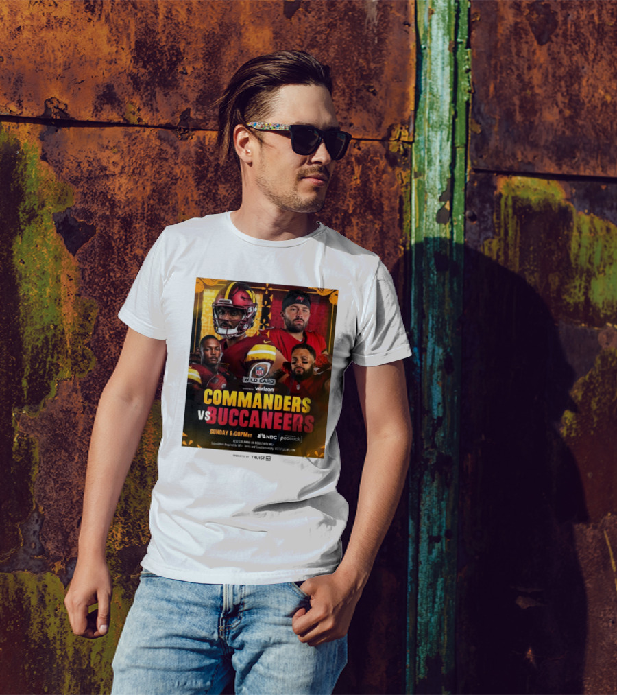 NFL Wild Card Matchup Commanders Vs Buccaneers Featuring Jayden Daniels And Baker Mayfield Battle For Divisional Round Qualification T-Shirt