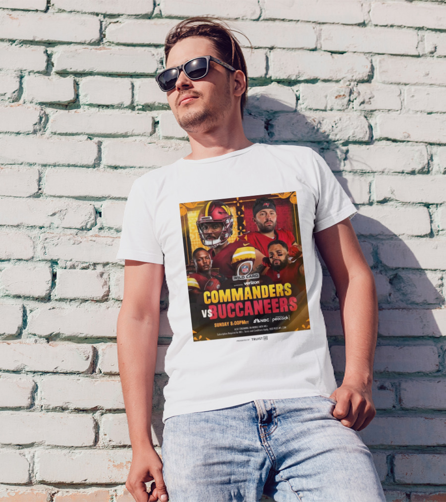 NFL Wild Card Matchup Commanders Vs Buccaneers Featuring Jayden Daniels And Baker Mayfield Battle For Divisional Round Qualification T-Shirt