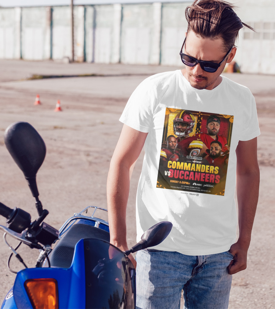 NFL Wild Card Matchup Commanders Vs Buccaneers Featuring Jayden Daniels And Baker Mayfield Battle For Divisional Round Qualification T-Shirt