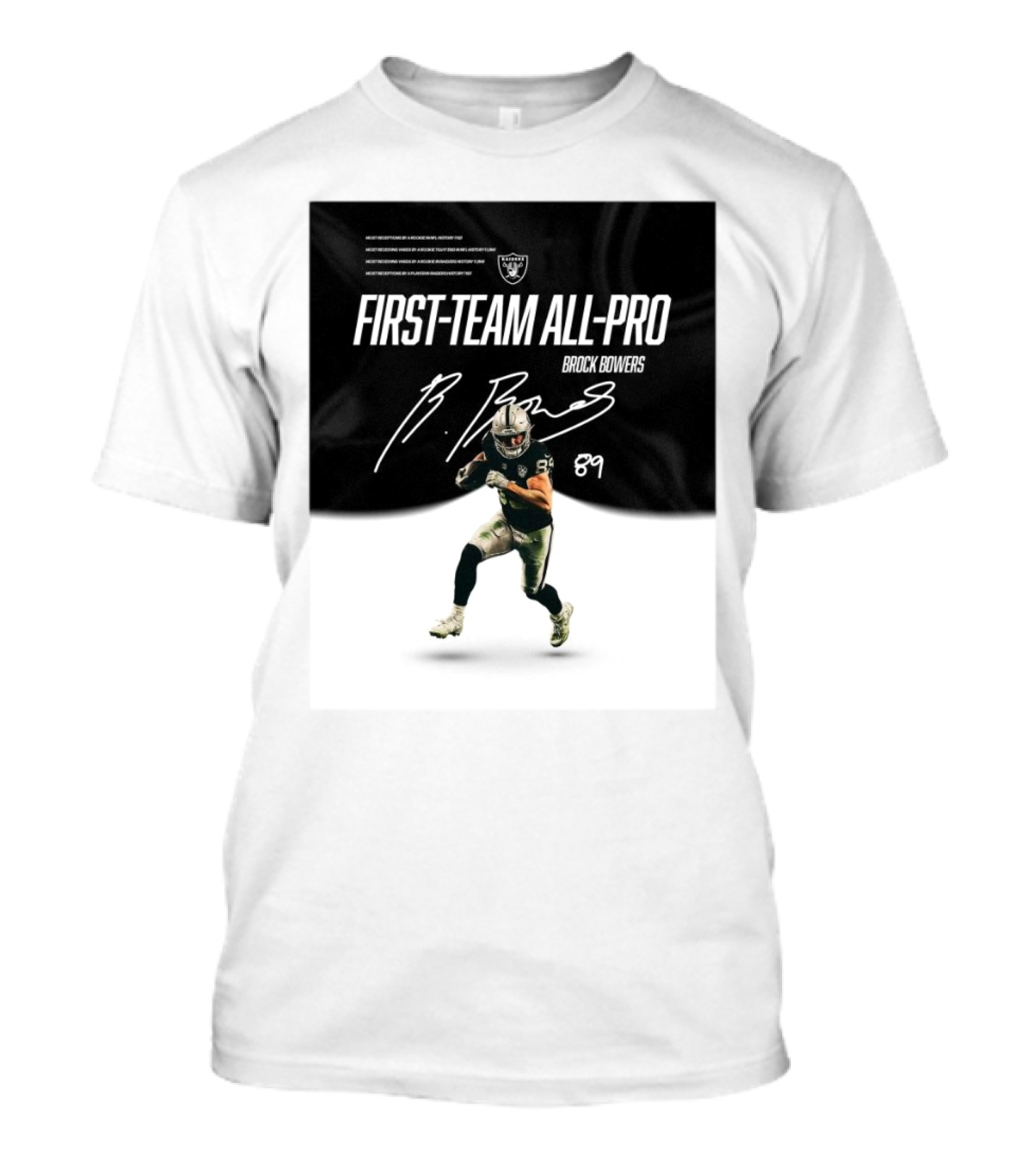 Las Vegas Raiders Brock Bowers First-Team All-Pro Signature 89 NFL Rookie Record Receptions T-Shirt