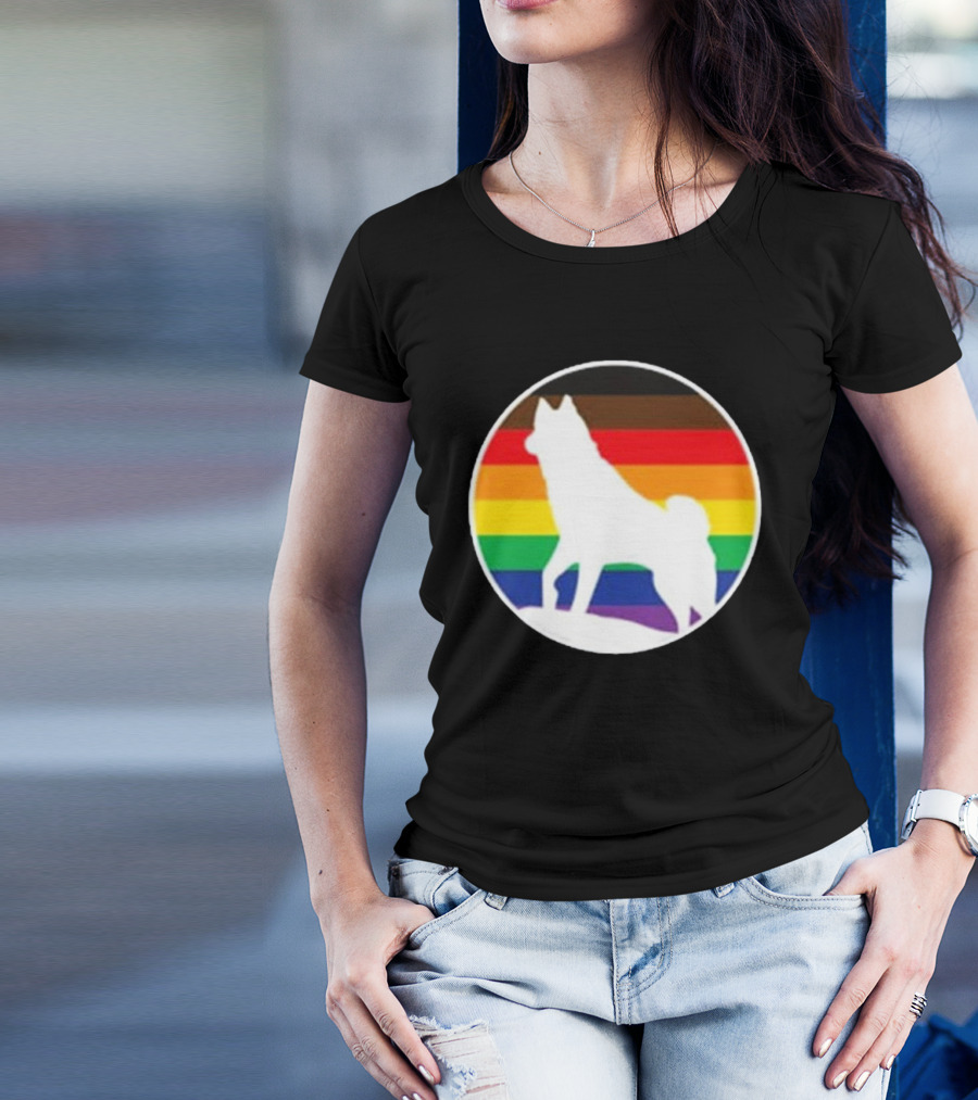 Pride Huskies Silhouette On Rainbow Background T-Shirt