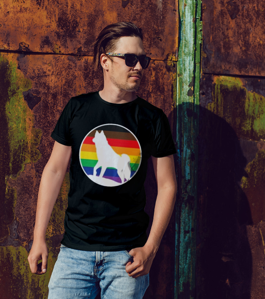 Pride Huskies Silhouette On Rainbow Background T-Shirt