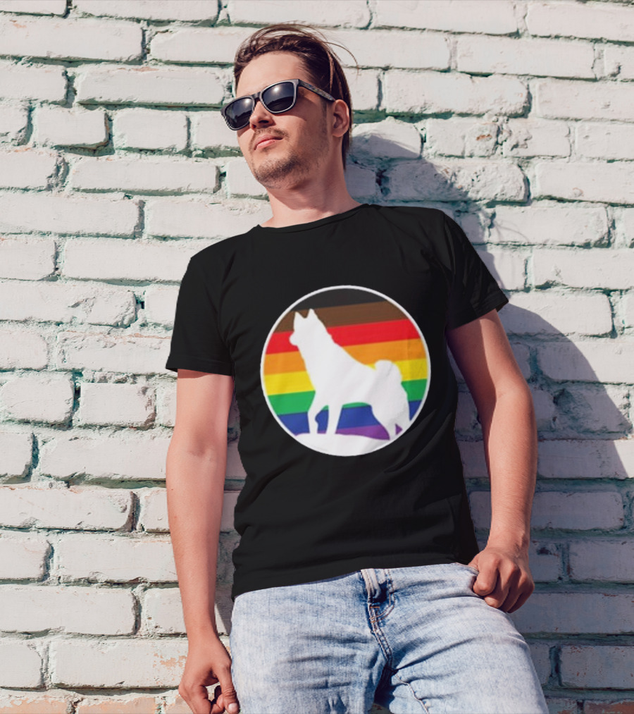 Pride Huskies Silhouette On Rainbow Background T-Shirt