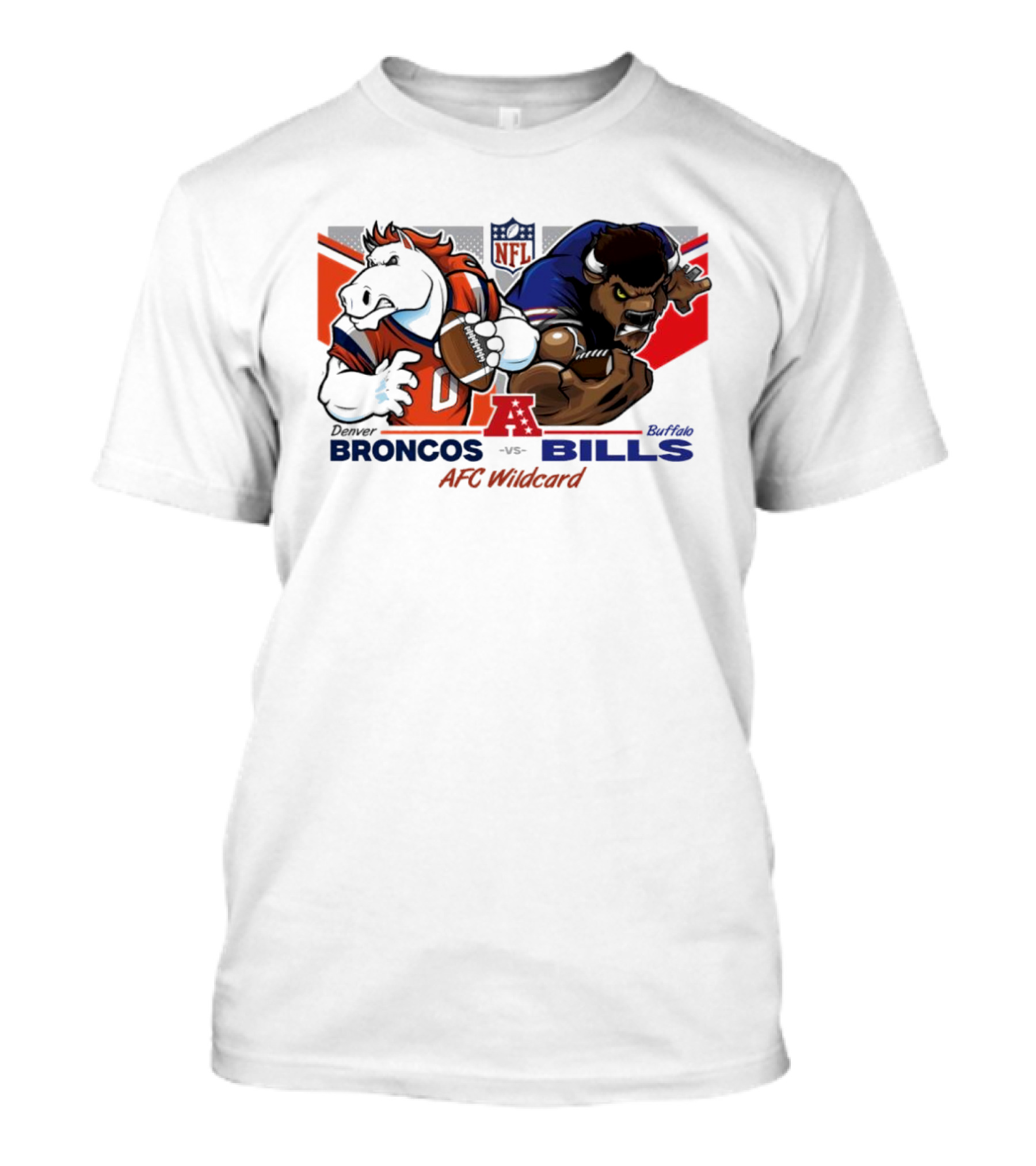 Denver Broncos Vs Buffalo Bills NFL Playoffs AFC Wild Card Matchup Mascot Showdown T-Shirt