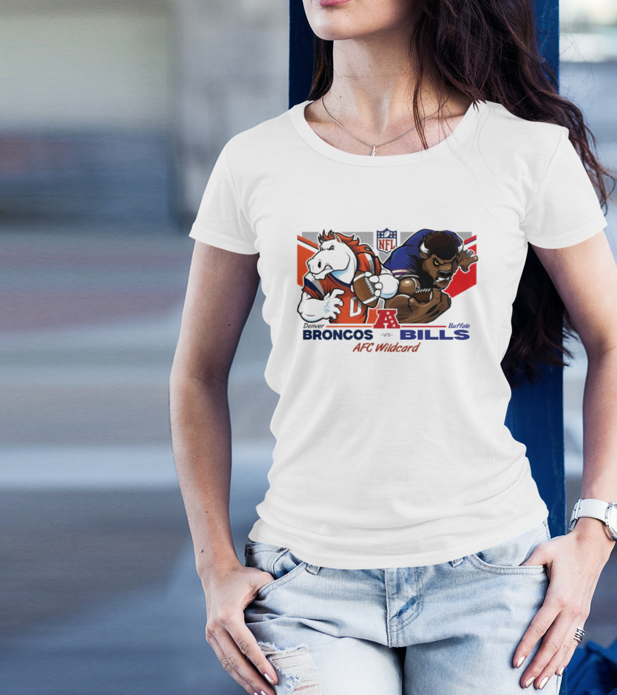 Denver Broncos Vs Buffalo Bills NFL Playoffs AFC Wild Card Matchup Mascot Showdown T-Shirt