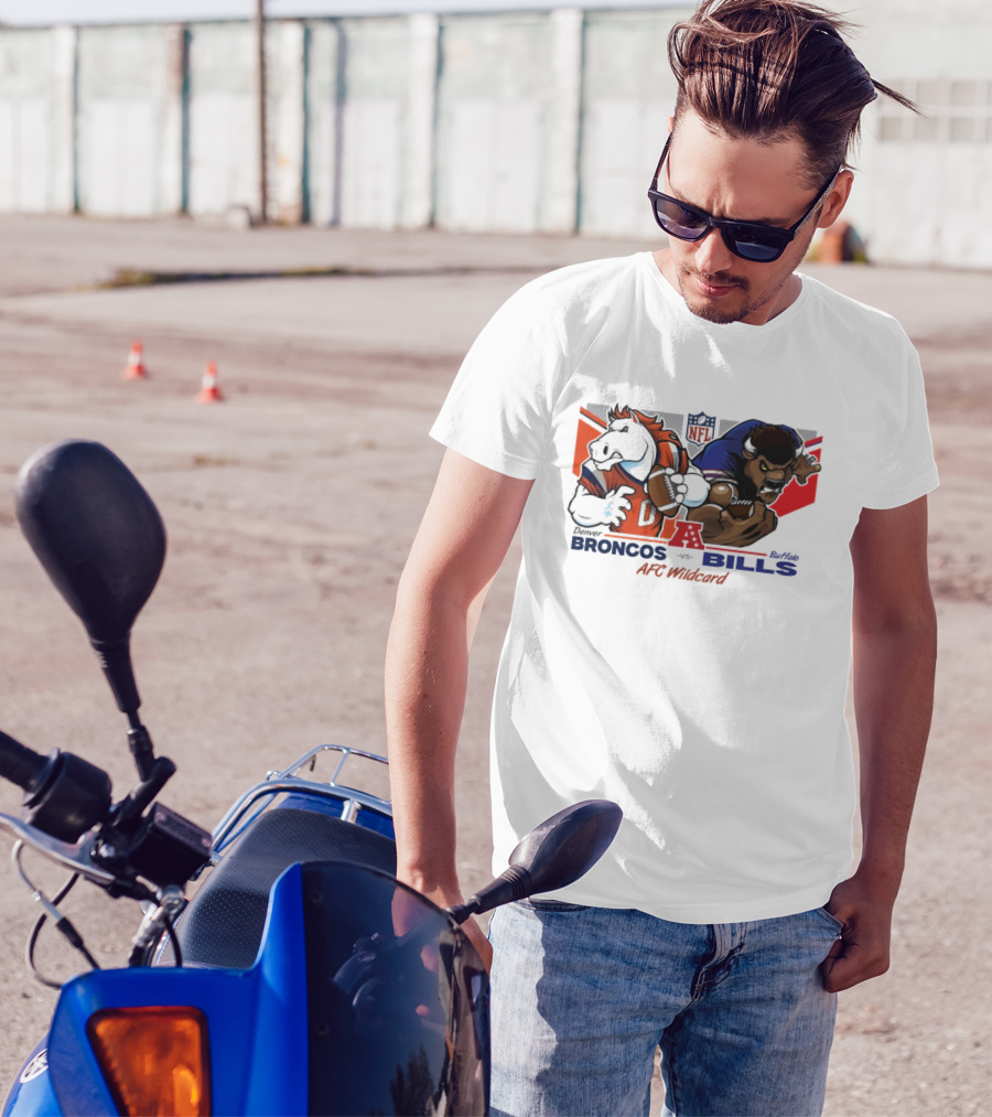 Denver Broncos Vs Buffalo Bills NFL Playoffs AFC Wild Card Matchup Mascot Showdown T-Shirt
