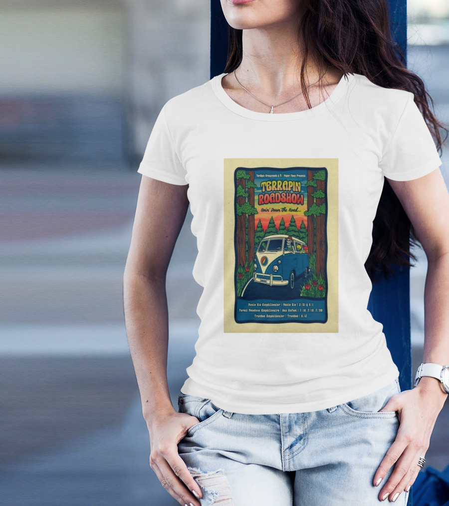 Terrapin Roadshow 2025 Goin’ Down The Road Tour Poster Featuring Retro Van And Forest Scene T-Shirt