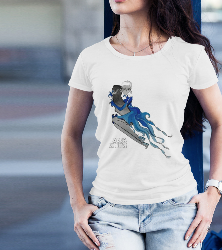 2025 Doja X Pini Collaboration Artwork Featuring Ethereal Blue And Black Character T-Shirt