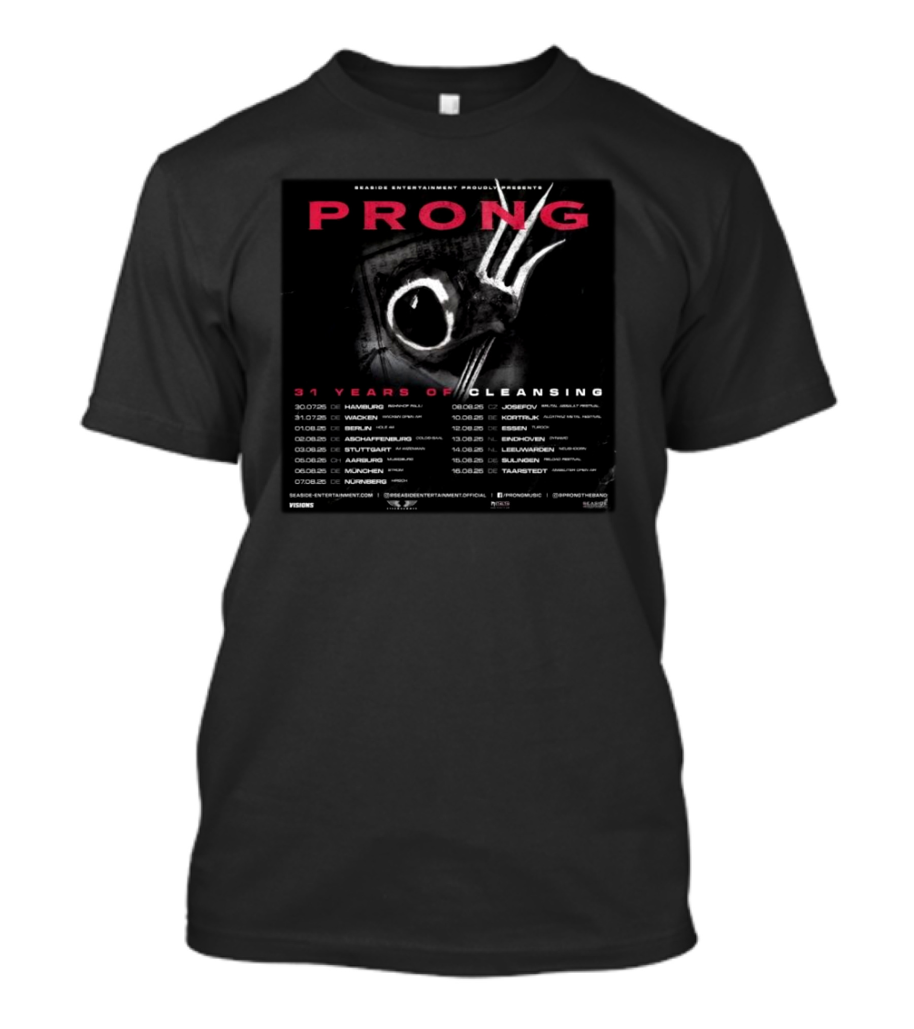 Prong 31 Years Of Cleansing 2025 European Tour Dates Hamburg Stuttgart Nuremberg Munich Prague Josephov Hultsfred Helsinki Stockholm Malmo Copenhagen Tilburg Trabendo Paris T-Shirt