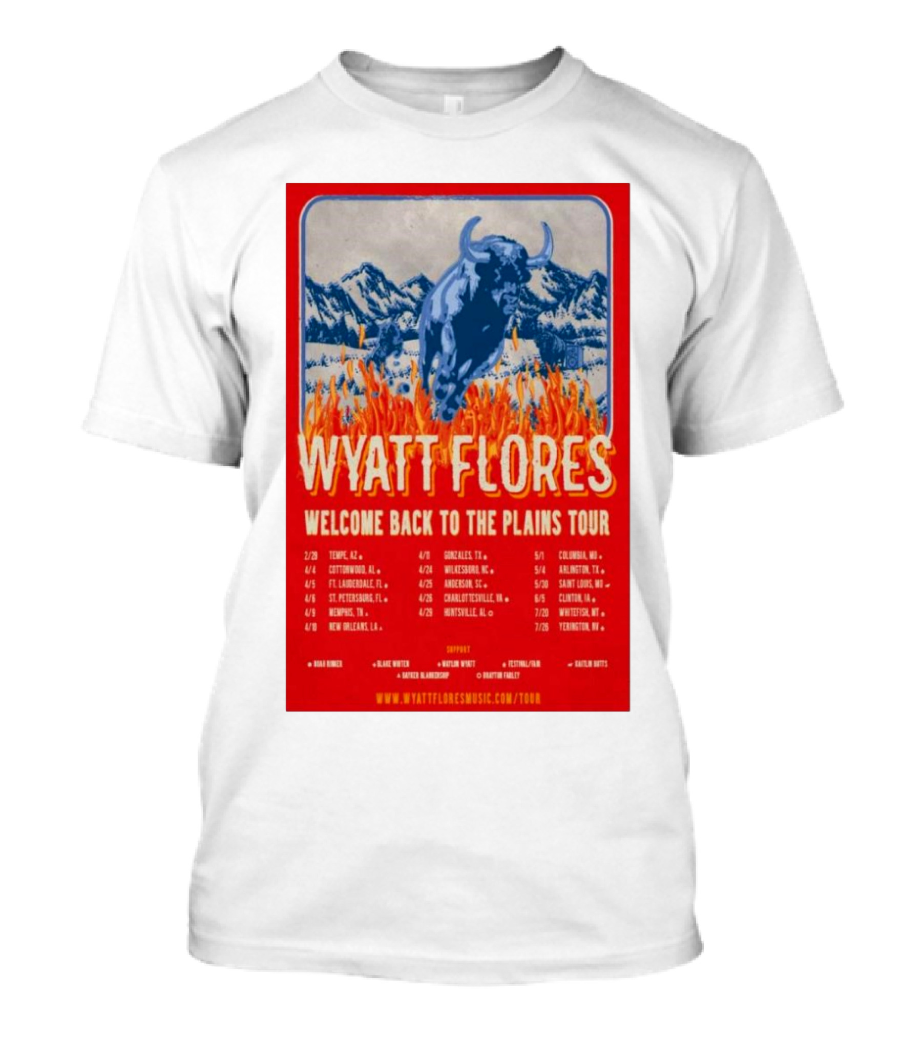 Wyatt Flores Welcome Back To The Plains Tour 2025 Blue Bull In Fiery Landscape With Tour Dates And Locations T-Shirt