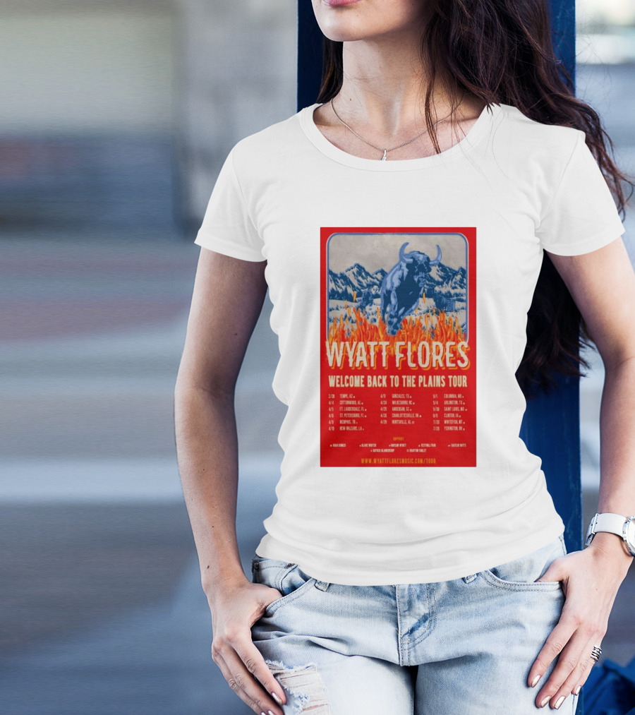 Wyatt Flores Welcome Back To The Plains Tour 2025 Blue Bull In Fiery Landscape With Tour Dates And Locations T-Shirt