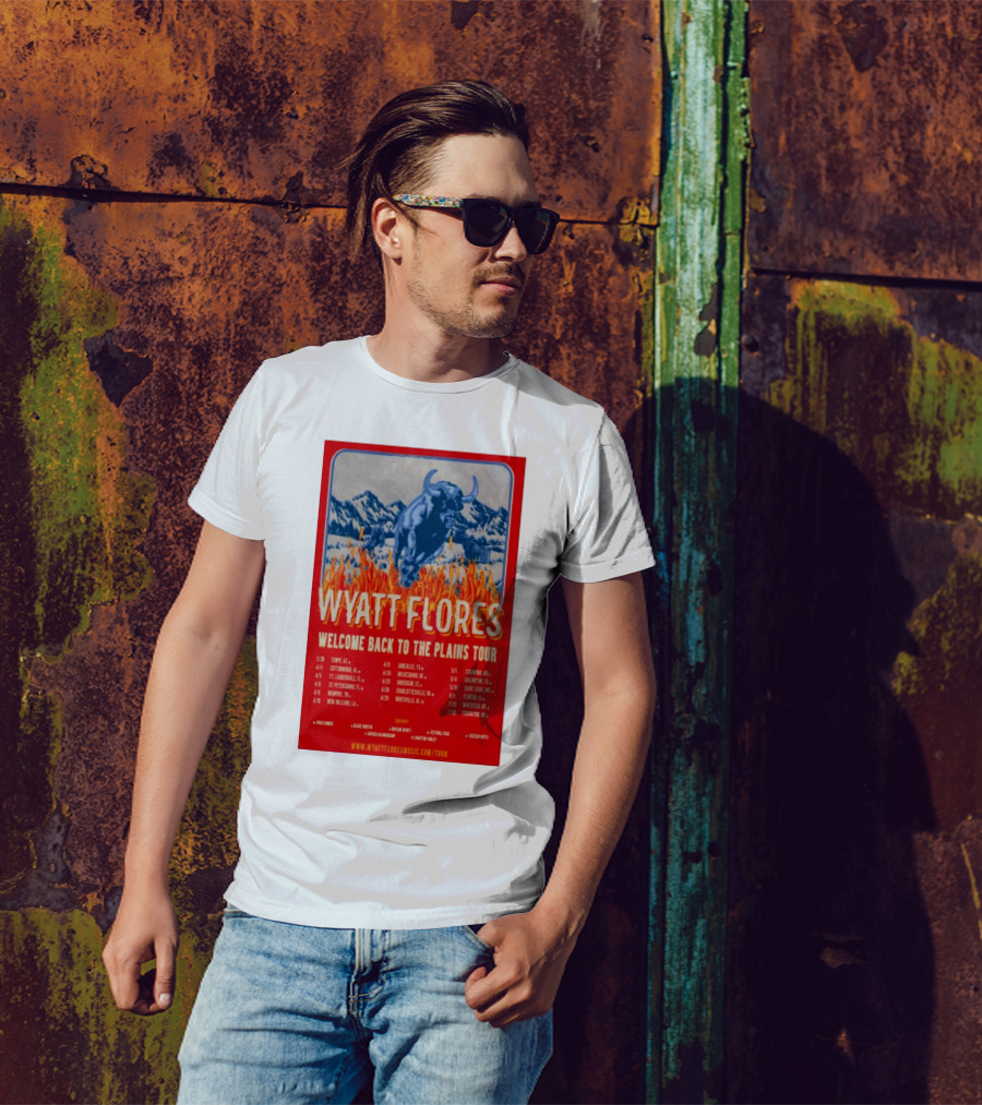 Wyatt Flores Welcome Back To The Plains Tour 2025 Blue Bull In Fiery Landscape With Tour Dates And Locations T-Shirt
